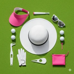 A collection of women's golf accessories, including a sun hat, a visor, and a pair of sunglasses.