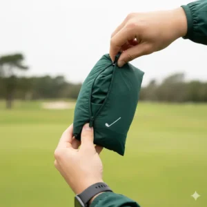 An image showing a lightweight wind jackets golf being easily folded and packed into its own pocket.