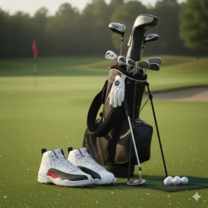 Air Jordan 12 golf shoes positioned alongside a golf bag and other golf equipment, ready for a round. 
