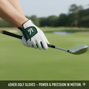 Dynamic action shot of a golfer mid-swing, highlighting the flexibility and secure fit of the Asher golf glove during play.