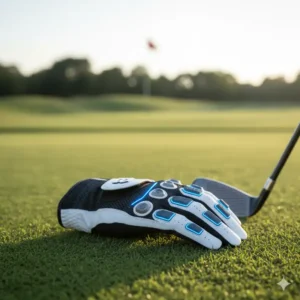 A stylish bionic golf glove resting on a golf course green, ready for play and symbolizing professional-grade golf equipment.