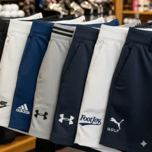 A golfer in lightweight, breathable golf shorts PGA Tour pros wear to stay cool on the course.