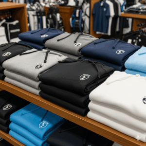 A neatly folded collection of new golf hoodies in various colors displayed in a pro shop.