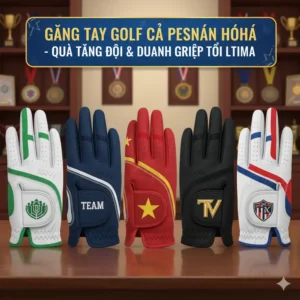 An image of multiple personalized custom golf gloves arranged neatly, showcasing a range of unique designs and colors perfect for teams or corporate gifts. 