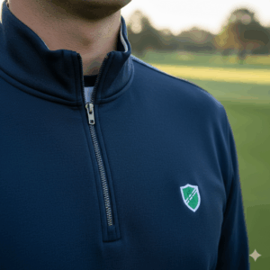 A close-up view of a quarter-zip golf sweatshirt, showing the zipper detail and the collar standing up slightly for a classic look.