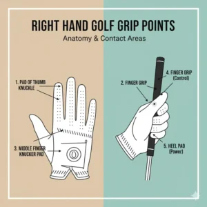 Diagram showing the key contact and pressure points on the right hand when wearing a right hand golf glove, essential for a proper golf grip.