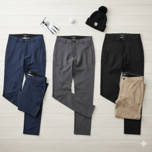 A flat-lay image of different styles and colors of cold weather golf pants, including slim-fit and relaxed-fit options.