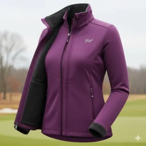A cozy, thermal women's golf jacket in a deep purple, designed with fleece lining to provide warmth during cooler rounds.