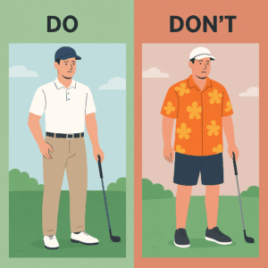 A person in flip-flops and a tank top is shown, highlighting what not to wear to a golf tournament. 