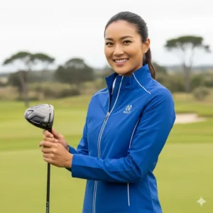 A woman on the golf course wearing a sleek, tailored wind jackets golf, smiling while holding a golf club.