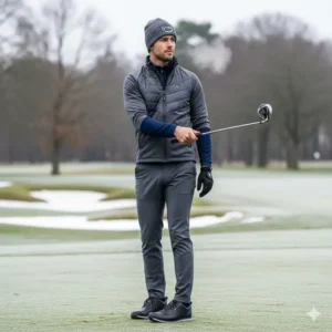 A stylish ensemble of modern winter golf attire, showcasing a fashionable and functional outfit for the course.