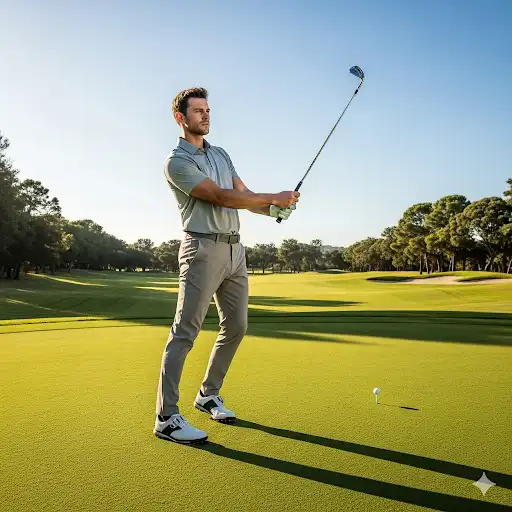 A man wearing stylish, slim-fit golf pants on a sunny golf course.