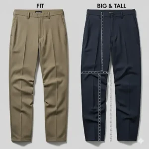 A comparison of a regular pair of golf pants versus a big and tall pair, emphasizing the extra room in the thigh and rise of big and tall golf pants.