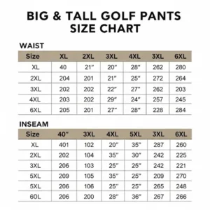 A size chart specifically for big and tall golf pants, showing waist and inseam measurements.