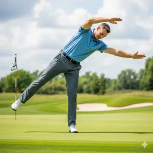 A man bending and stretching on the green, demonstrating the flexible fit of big and tall golf pants.