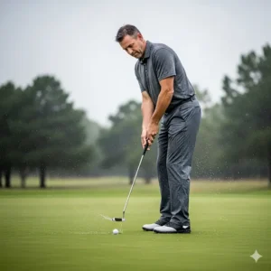 A man putting on a rainy day, with water beading off the water-resistant fabric of his big and tall golf pants.