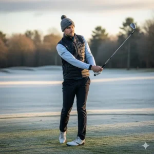 A high-resolution close-up image of a branded golf vest, focusing on the quality stitching and a small brand logo on the chest.