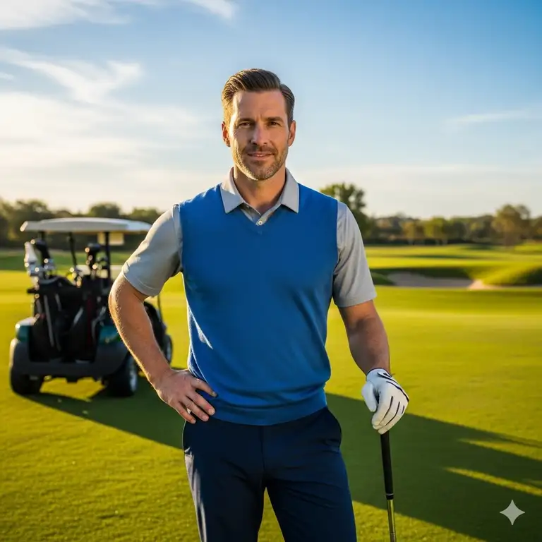 A man wearing a sleek, black golf vest over a polo shirt, swinging a golf club on a sunny day with a lush green golf course in the background.