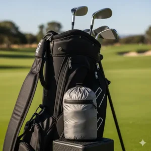 An action shot of a professional golfer mid-swing, showcasing how the flexible, lightweight golf vest allows for a full range of motion.