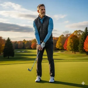 A collage showing how to layer golf vests for different seasons: a thermal vest over a long-sleeve shirt for fall and a light vest over a polo for summer.