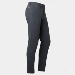 Side view showcasing the full length of the slim-fit golf pants and their ergonomic design.