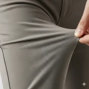 Close-up of stretch fabric in slim-fit golf pants, demonstrating flexibility for a comfortable swing.