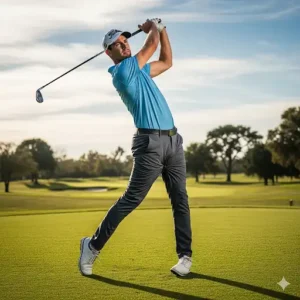 Golfer taking a swing, showing how the slim-fit pants allow for maximum mobility.