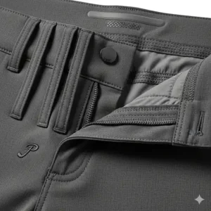  Detailed view of the non-slip waistband and belt loops on a pair of slim-fit golf pants.