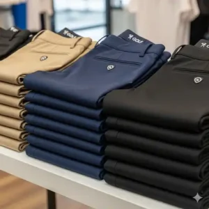 A collection of slim-fit golf pants in various colors like khaki, navy, and black.