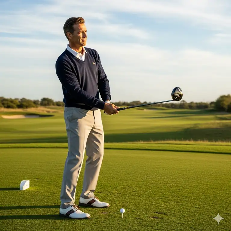 A golfer wearing a stylish knit sweater on a sunny course, ready to tee off.