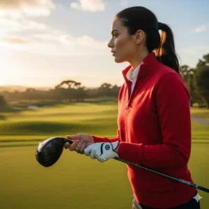 A male golfer in a comfortable, navy blue quarter-zip golf sweater, holding a club. 