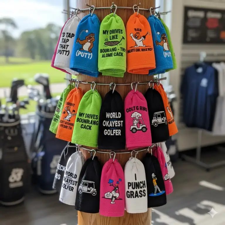 A collection of the best funny golf towels displayed on a rack, featuring humor that appeals to golfers.