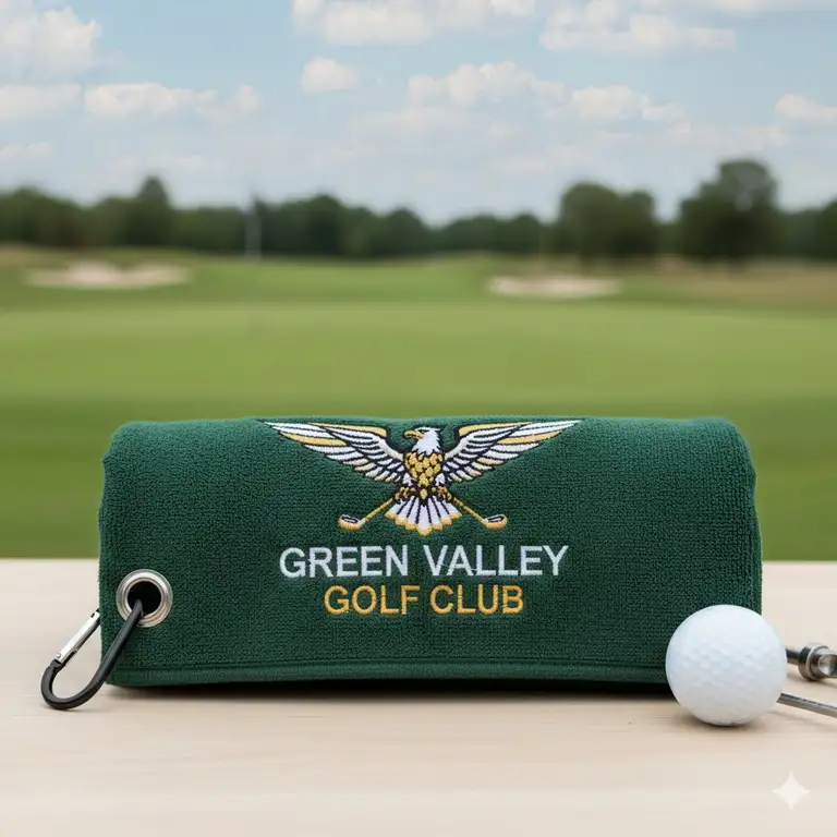 High-quality custom golf towel with embroidered logo and grommet