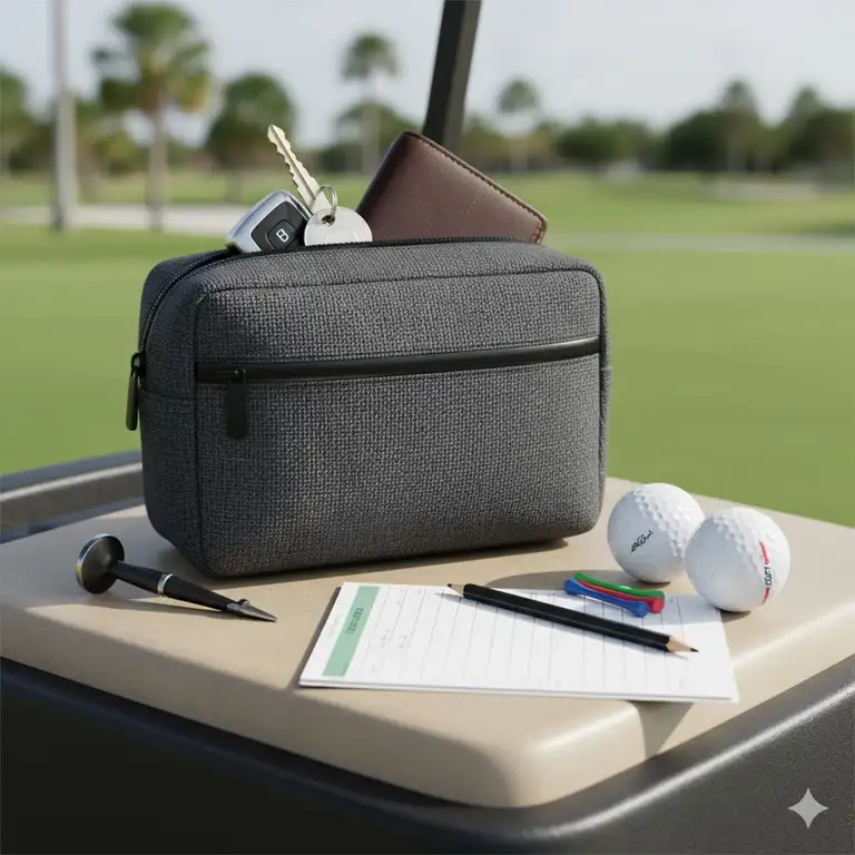 A high-quality grey golf valuables pouch resting on a golf cart with keys and a wallet.