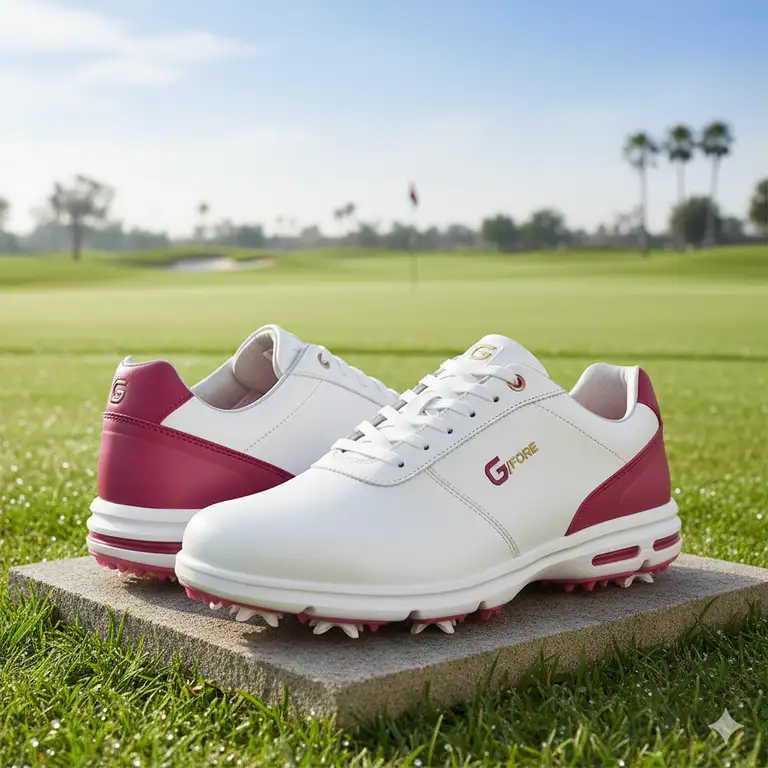 G/FORE women's golf shoes in a stylish white and pink colorway, featuring superior comfort and traction for the course.gfore womens golf shoes