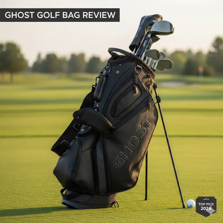 A detailed, close-up shot of the ghost golf bag review main featured image, showcasing its sleek design on a green.