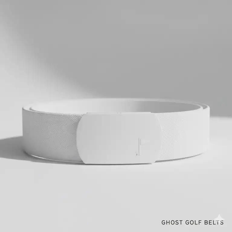 A close-up shot of a stylish ghost golf belt in white, showcasing the seamless, minimal buckle design.