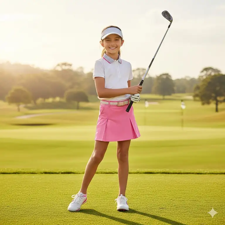 A young girl wearing a complete, stylish, and comfortable girls golf clothes outfit on the course.