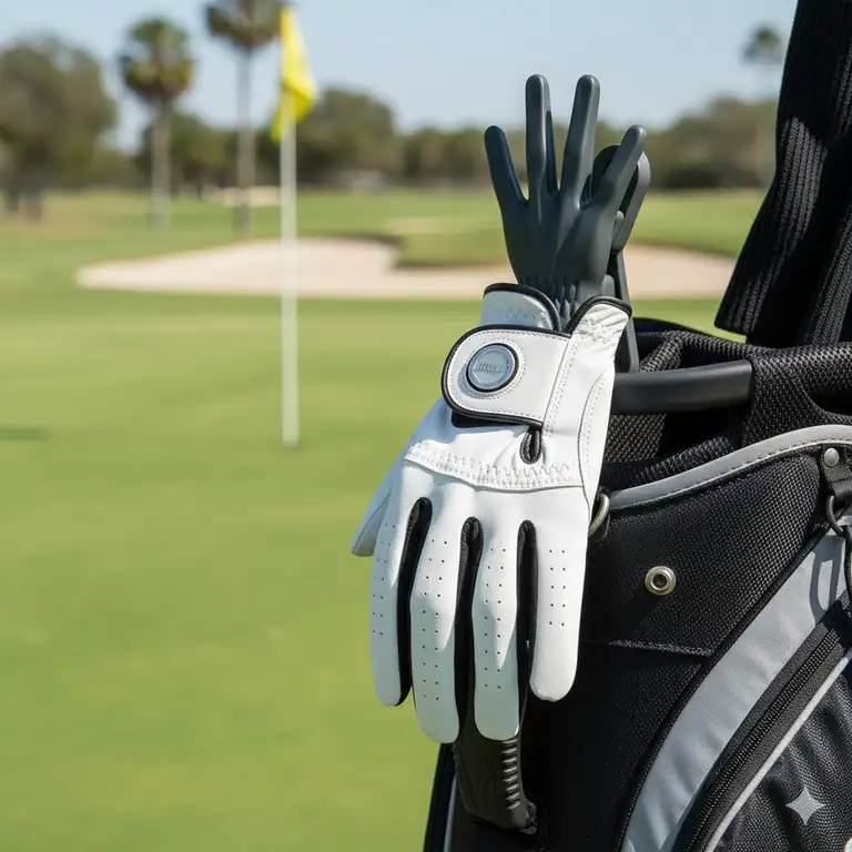 Golf glove holder clip attached to a golf bag, keeping the glove dry and in shape.