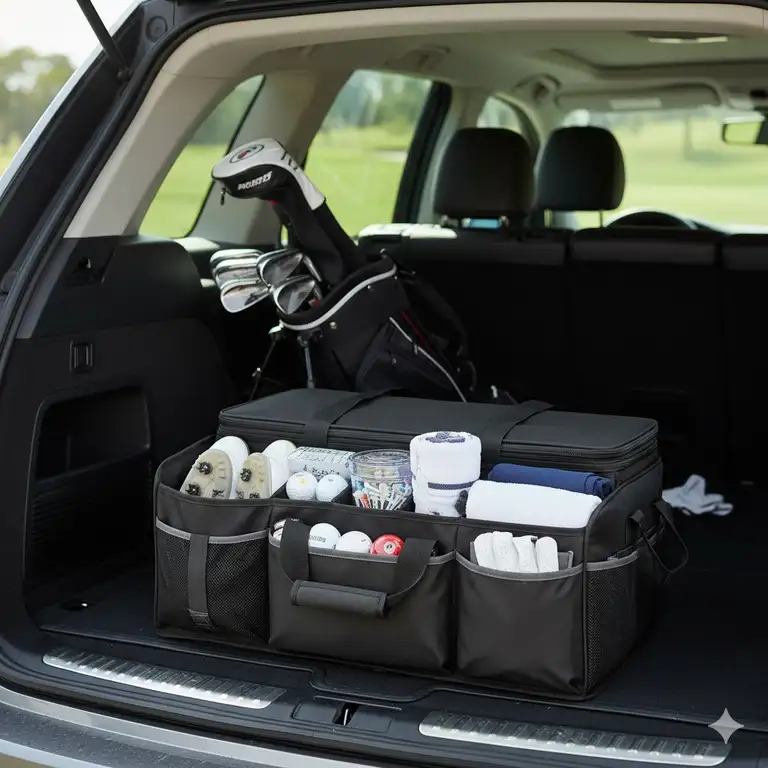 A fully packed golf trunk organizer sitting neatly in the back of an SUV, ready for a round of golf.