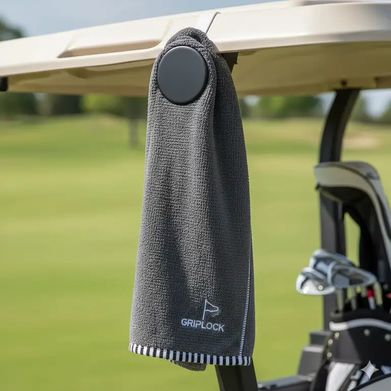 Magnetic golf towel attached securely to a golf cart for easy access during the round.
