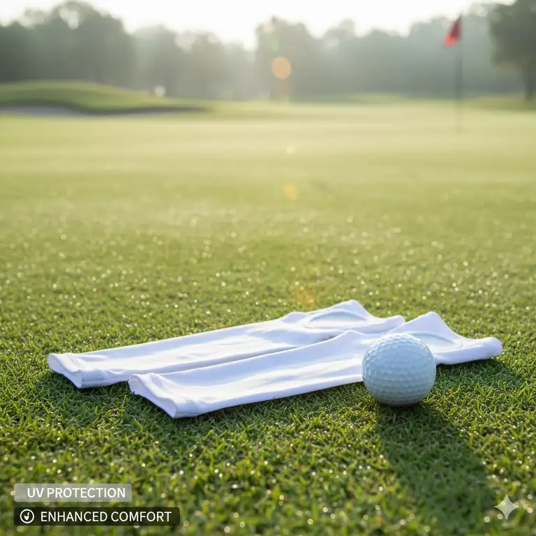 A pair of golf sleeves laying on the green grass near a golf ball, highlighting their UV protection and comfort for playing in the sun.