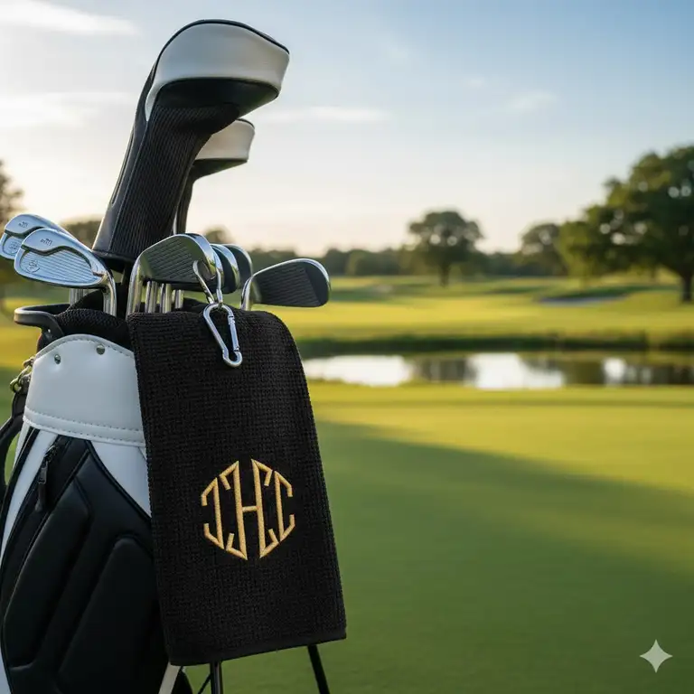 A close-up view of a personalized golf towel embroidered with a monogram, hanging from a premium golf bag on a sunny course.