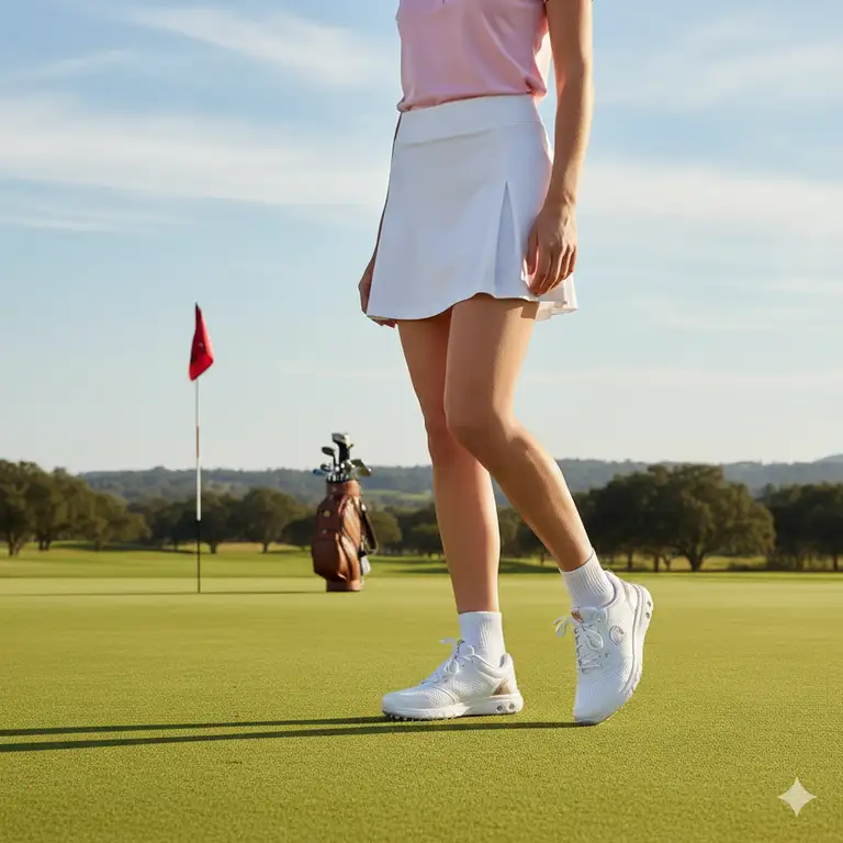 A woman stands on a lush golf course green, her feet clearly showing a pair of popular women's golf shoes designed for comfort and performance.