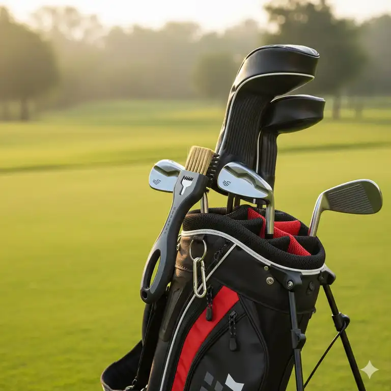 Premium golf brush with stiff bristles and a retractable groove cleaner attached to a golf bag.