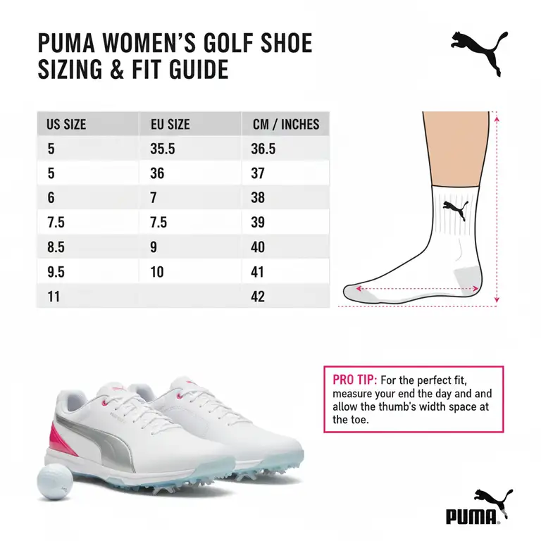 Puma female golf shoes on a green, showing the sleek design and stable sole for on-course performance.