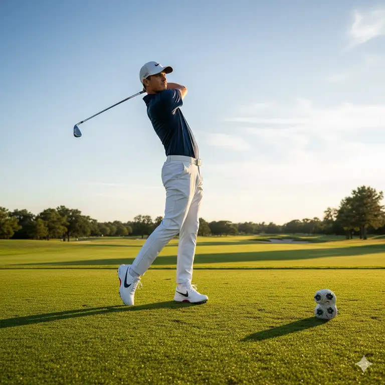 Scottie Scheffler wearing his scottie scheffler golf shoes (Nike Victory Pro 4) during a powerful golf swing.