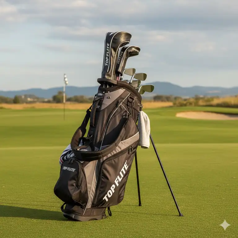 Black and gray top flite golf bag on a green golf course with clubs and a towel.