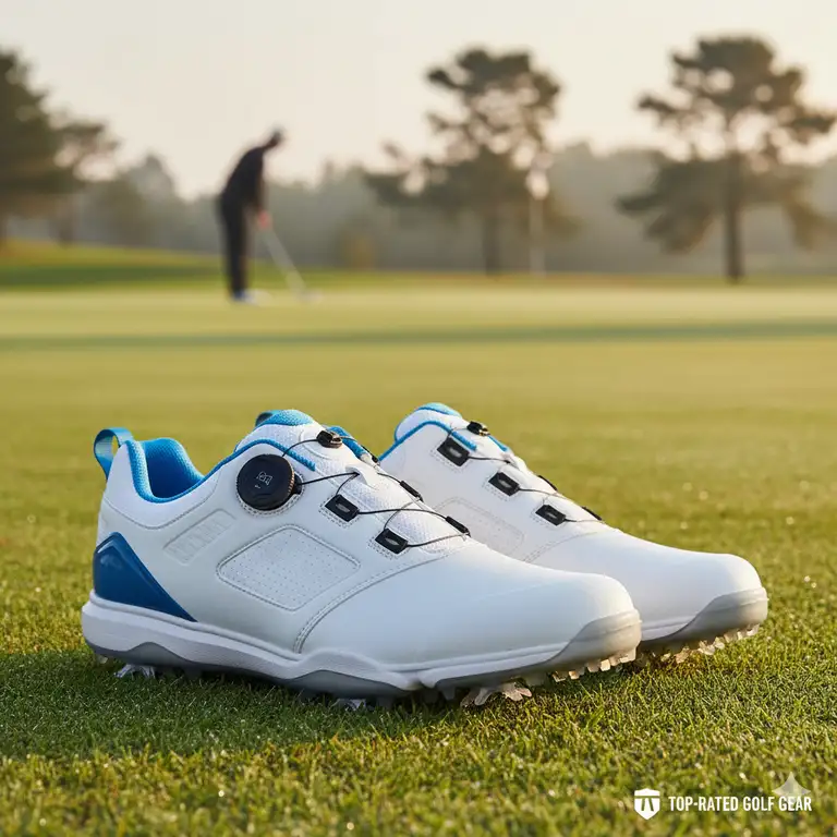 A detailed shot of the current top rated mens golf shoes for superior comfort and performance on the course.