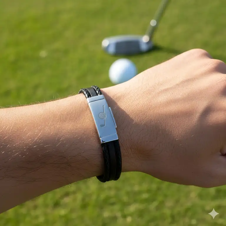 Stylish men's golf bracelet on a wrist, perfect for the course or everyday wear.